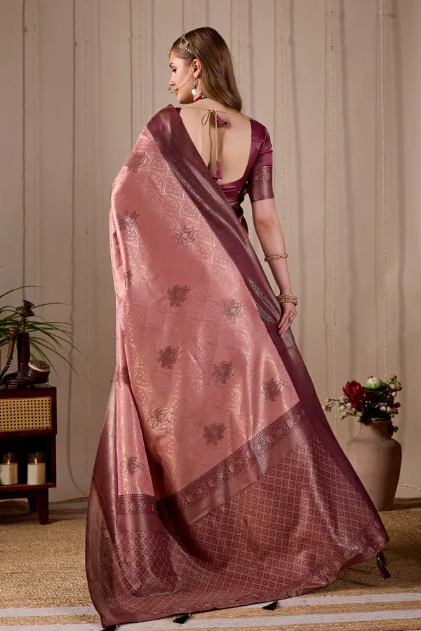 Peach_Pink_Banarasi_Kanjivaram_Silk_Saree_With_Rich_Wine_Zari_Work_Default_Title