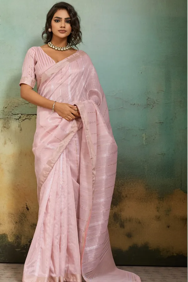 Light_Pink_Organza_Silk_Saree_With_Subtle_Zari_Stripes_Default_Title