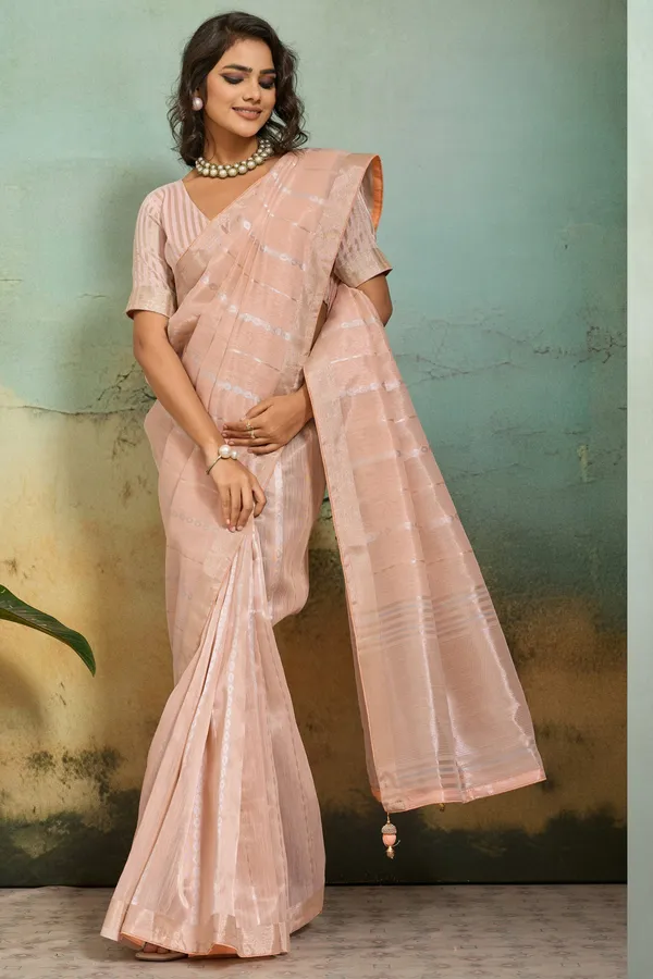 Peach_Beige_Organza_Silk_Saree_With_Subtle_Zari_Stripes_Default_Title