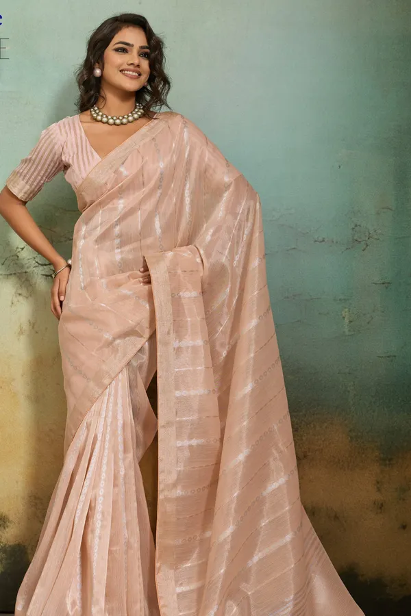 Peach_Beige_Organza_Silk_Saree_With_Subtle_Zari_Stripes_Default_Title