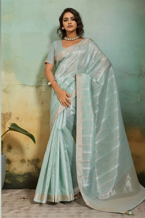Mint_Green_Organza_Silk_Saree_With_Subtle_Zari_Stripes_Default_Title
