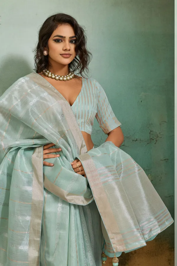 Mint_Green_Organza_Silk_Saree_With_Subtle_Zari_Stripes_Default_Title