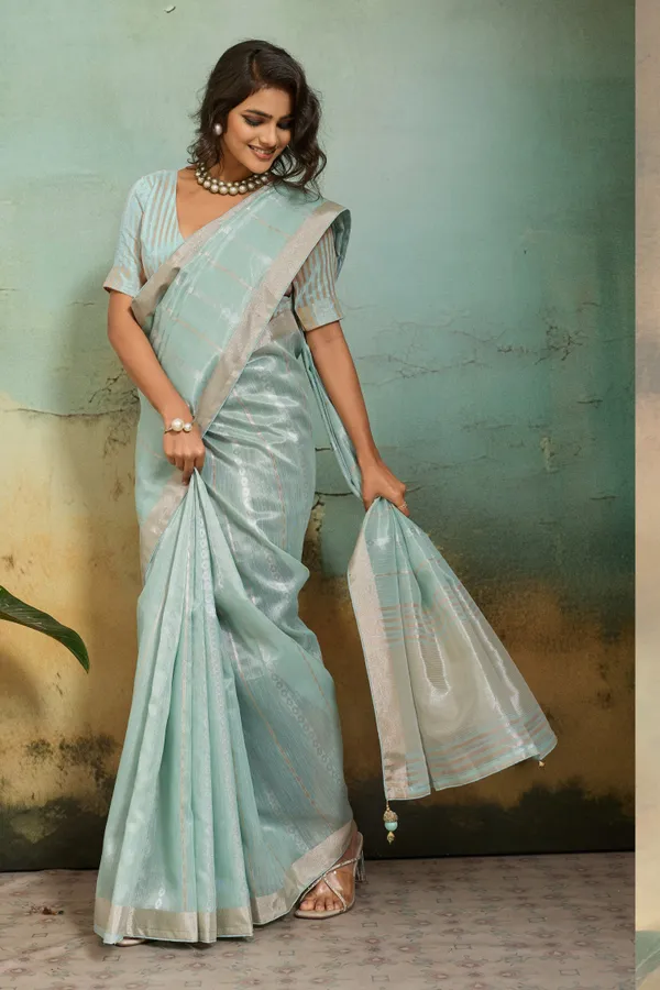Mint_Green_Organza_Silk_Saree_With_Subtle_Zari_Stripes_Default_Title