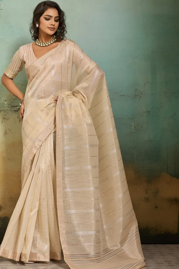 Cream_Beige_Organza_Silk_Saree_With_Subtle_Zari_Stripes_Default_Title