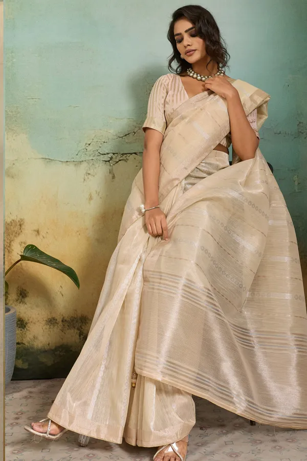 Cream_Beige_Organza_Silk_Saree_With_Subtle_Zari_Stripes_Default_Title