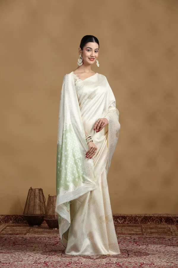 Off_White_Banarasi_Silk_Saree_With_Subtle_Pastel_Green_Border_Default_Title