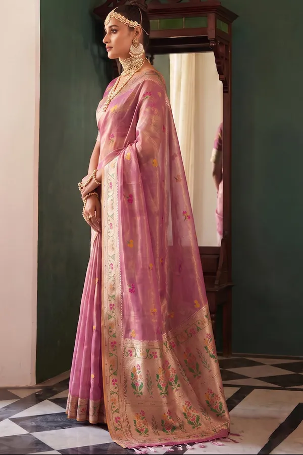 Mauve_Pink_Chanderi_Organza_Saree_With_Minakar_Zari_Border_Default_Title