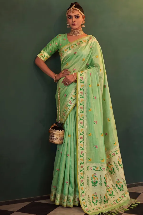 Mint_Green_Chanderi_Organza_Saree_With_Minakari_Zari_Border_Default_Title
