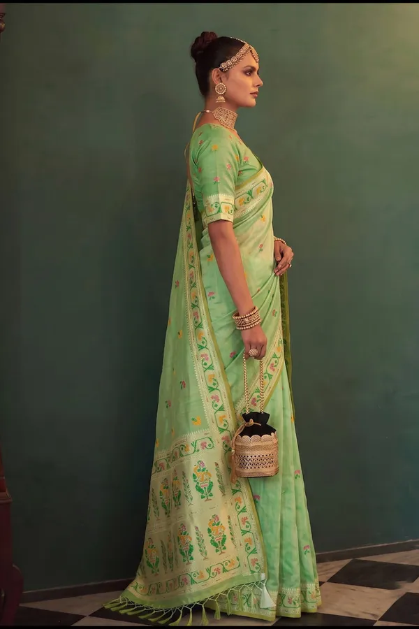 Mint_Green_Chanderi_Organza_Saree_With_Minakari_Zari_Border_Default_Title
