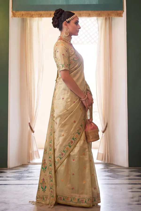 Cream_Beige_Chanderi_Organza_Saree_With_Minakar_Zari_Border_Default_Title
