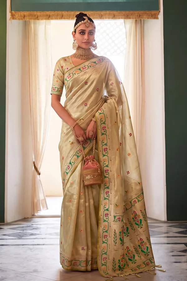 Cream_Beige_Chanderi_Organza_Saree_With_Minakar_Zari_Border_Default_Title