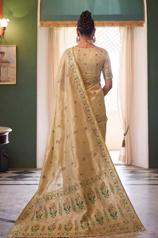 Cream_Beige_Chanderi_Organza_Saree_With_Minakar_Zari_Border_Default_Title