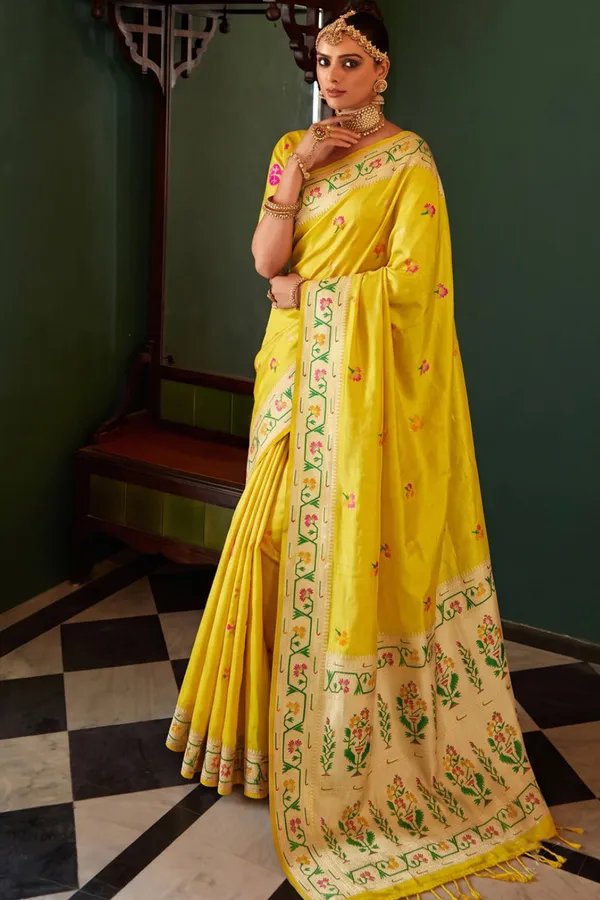 Bright_Yellow_Chanderi_Organza_Saree_With_Minakari_Zari_Border_Default_Title