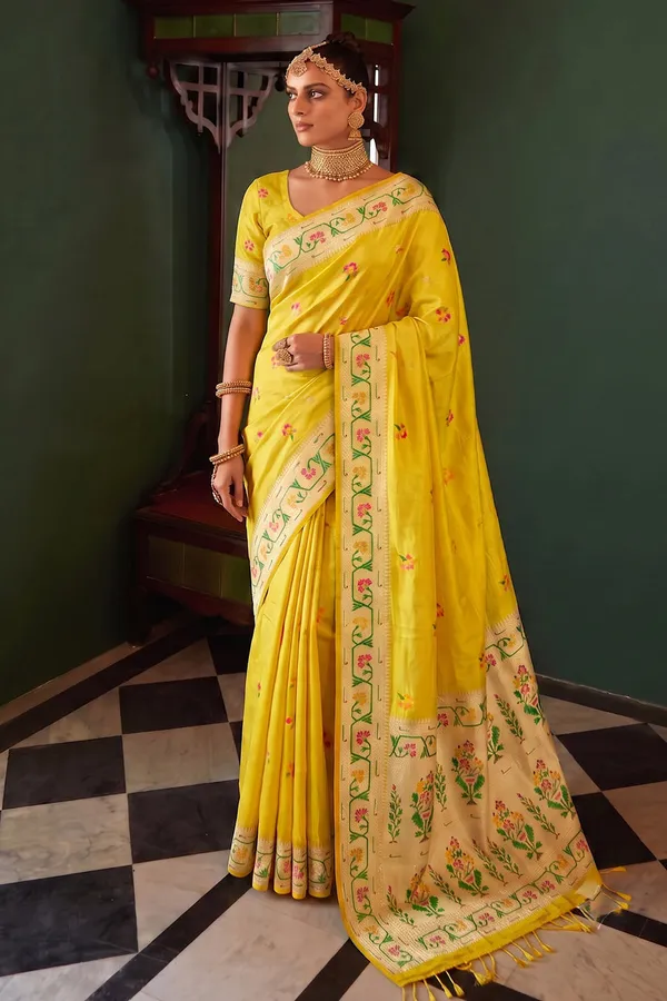 Bright_Yellow_Chanderi_Organza_Saree_With_Minakari_Zari_Border_Default_Title