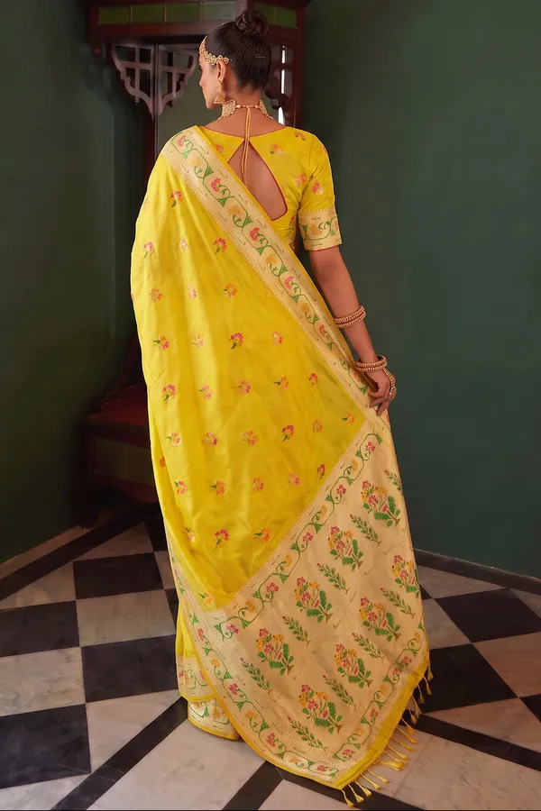 Bright_Yellow_Chanderi_Organza_Saree_With_Minakari_Zari_Border_Default_Title