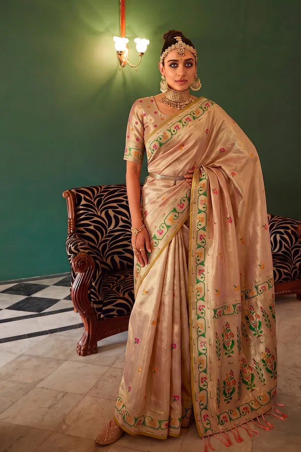 Peach_Beige_Chanderi_Organza_Saree_With_Minakari_Zari_Border_Default_Title