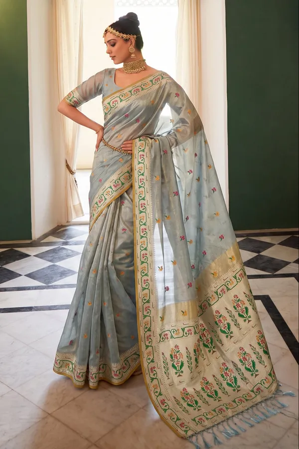Powder_Blue_Chanderi_Organza_Saree_With_Minakari_Zari_Border_Default_Title