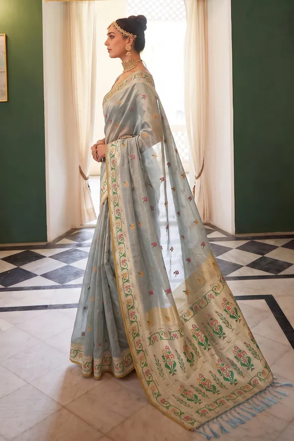 Powder_Blue_Chanderi_Organza_Saree_With_Minakari_Zari_Border_Default_Title