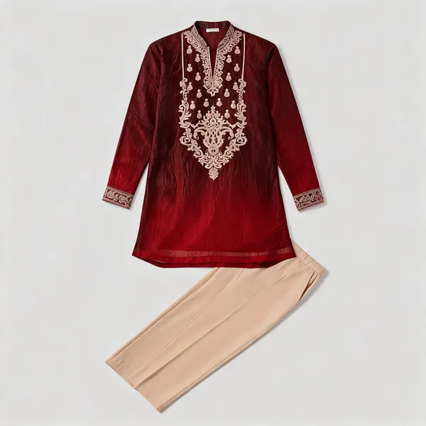 Maroon_Crush_Tissue_Straight_Embroidered_Kurta_Pajama_Set_For_Men