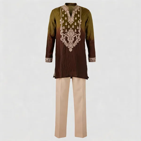 Brown_Crush_Tissue_Straight_Embroidered_Kurta_Pajama_Set_For_Men