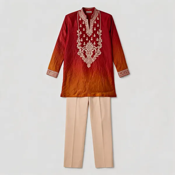 Red_Crush_Tissue_Straight_Embroidered_Kurta_Pajama_Set_For_Men