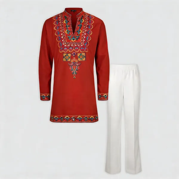 Dark_Maroon_Rayon_Straight_Embroidered_Kurta_Pajama_Set_For_Men