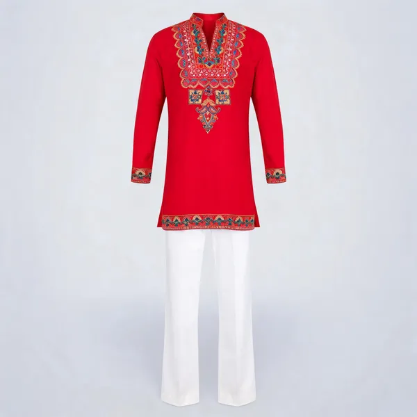 Red_Rayon_Straight_Embroidered_Kurta_Pajama_Set_For_Men