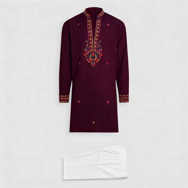 Maroon_Rayon_Straight_Embroidered_Kurta_Pajama_Set_For_Men