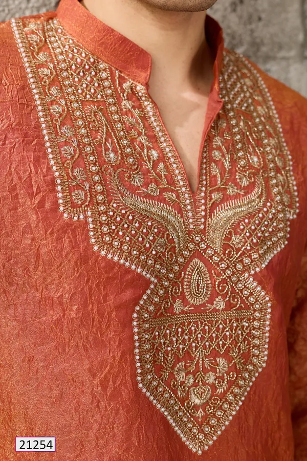 Rust_Textured_Straight_Fit_Kurta_Set_For_Men