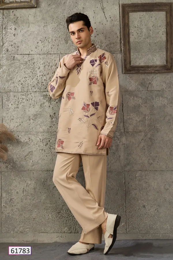 Beige_Printed_Straight_Kurta_Pajama_Set_For_Men