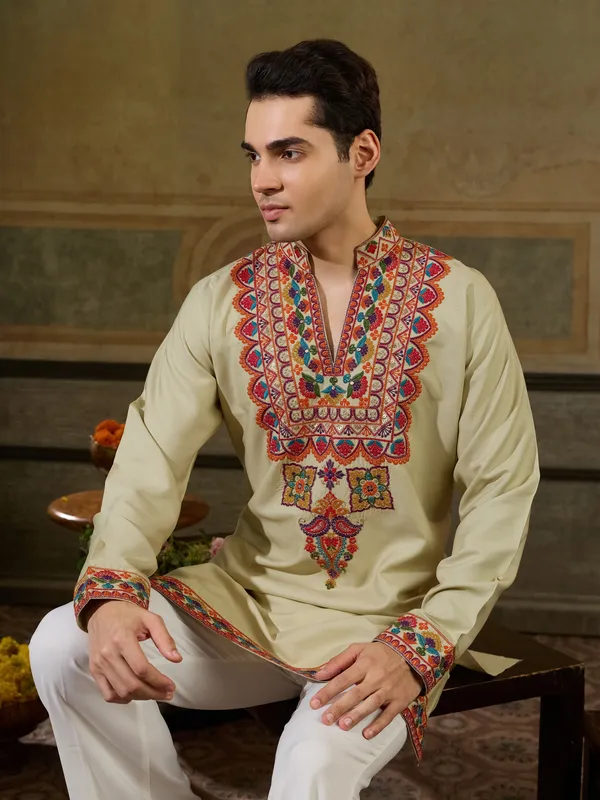 Cream_Rayon_Straight_Embroidered_Kurta_For_Men