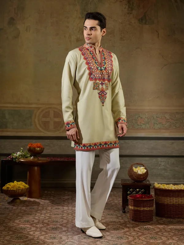 Cream_Rayon_Straight_Embroidered_Kurta_For_Men