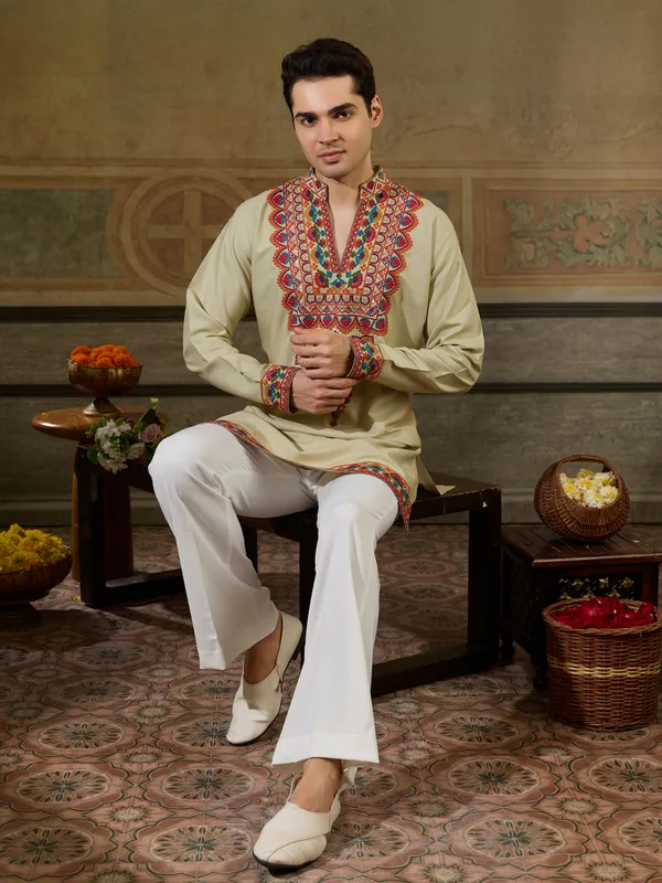 Cream_Rayon_Straight_Embroidered_Kurta_For_Men