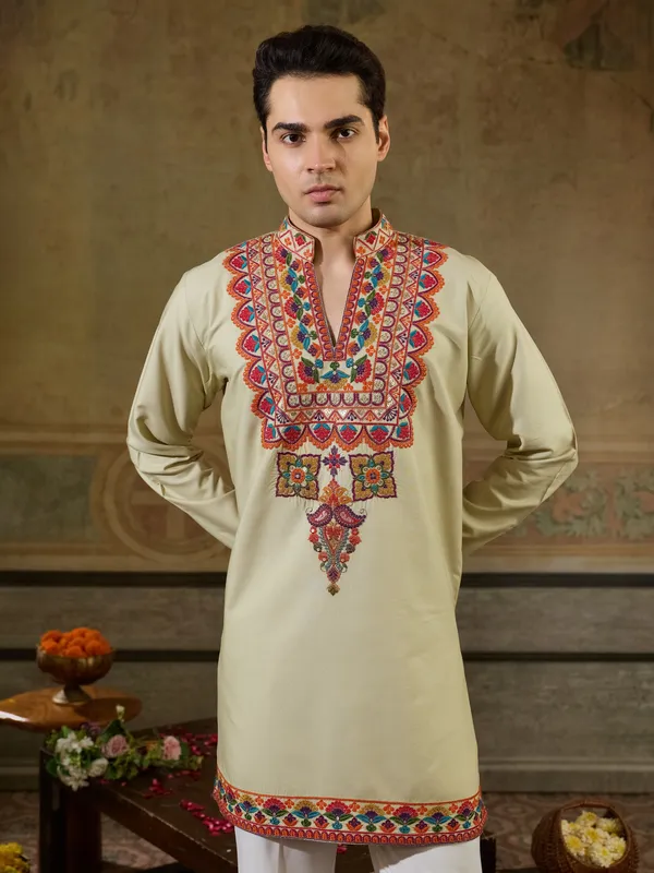Cream_Rayon_Straight_Embroidered_Kurta_For_Men