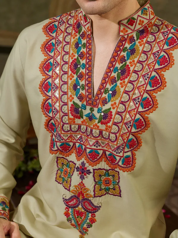 Cream_Rayon_Straight_Embroidered_Kurta_For_Men