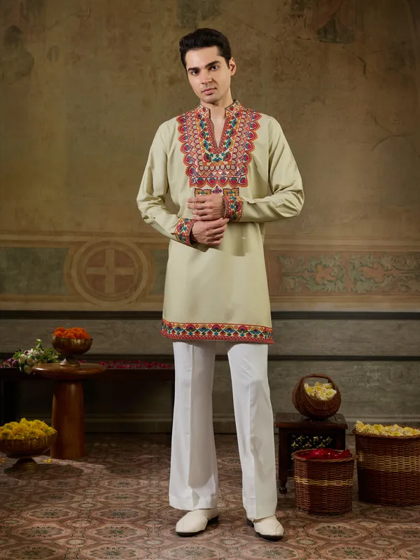 Cream_Rayon_Straight_Embroidered_Kurta_For_Men