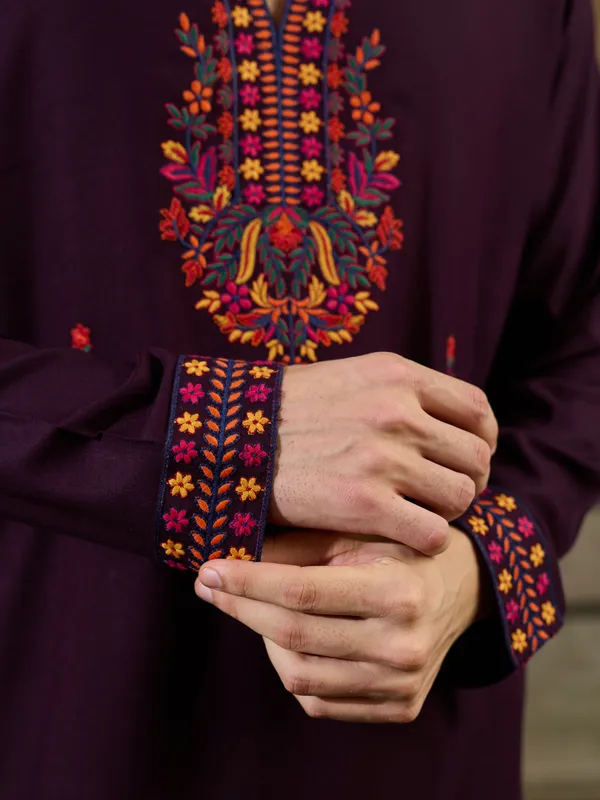 Maroon_Rayon_Straight_Embroidered_Kurta_For_Men