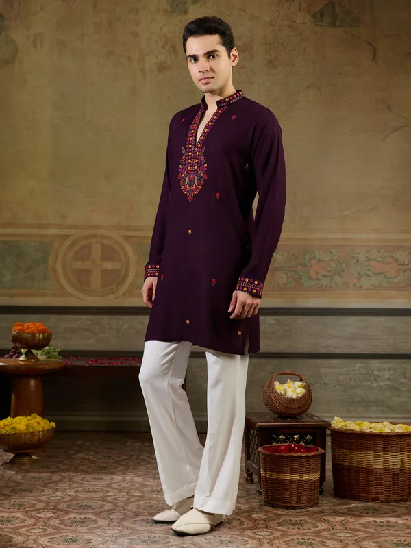 Maroon_Rayon_Straight_Embroidered_Kurta_For_Men