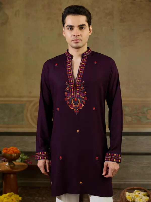 Maroon_Rayon_Straight_Embroidered_Kurta_For_Men