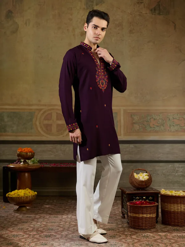 Maroon_Rayon_Straight_Embroidered_Kurta_For_Men