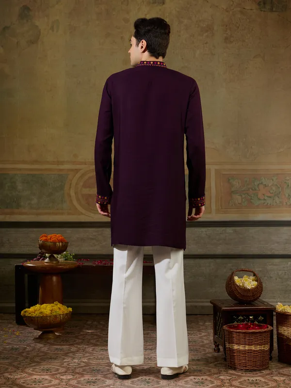 Maroon_Rayon_Straight_Embroidered_Kurta_For_Men
