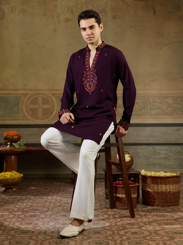 Maroon_Rayon_Straight_Embroidered_Kurta_For_Men