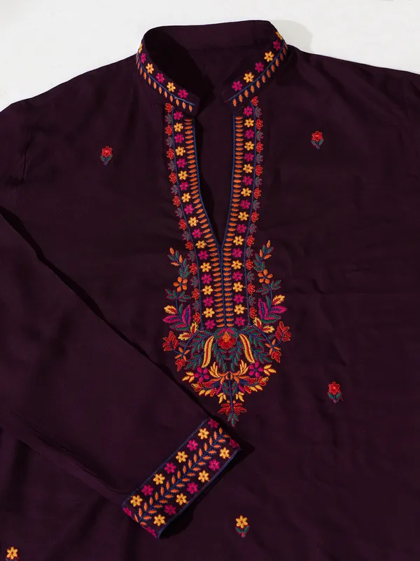 Maroon_Rayon_Straight_Embroidered_Kurta_For_Men