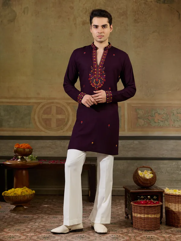 Maroon_Rayon_Straight_Embroidered_Kurta_For_Men