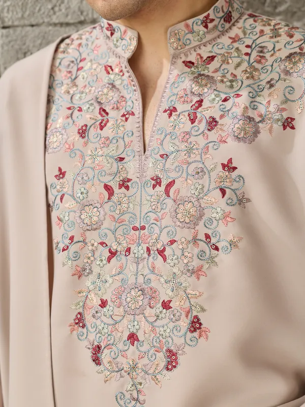 Beige_Japanese_Cotton_Straight_Embroidered_Kurta_For_Men