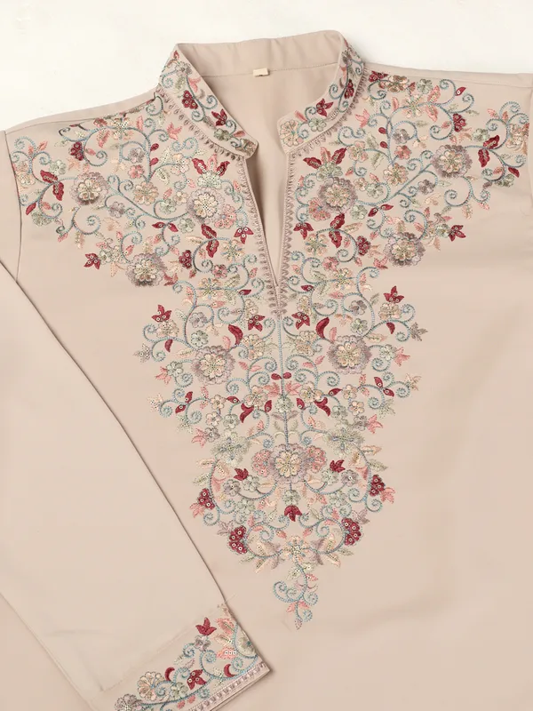 Beige_Japanese_Cotton_Straight_Embroidered_Kurta_For_Men