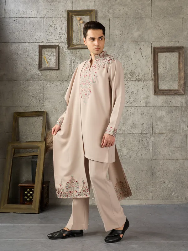 Beige_Japanese_Cotton_Straight_Embroidered_Kurta_For_Men