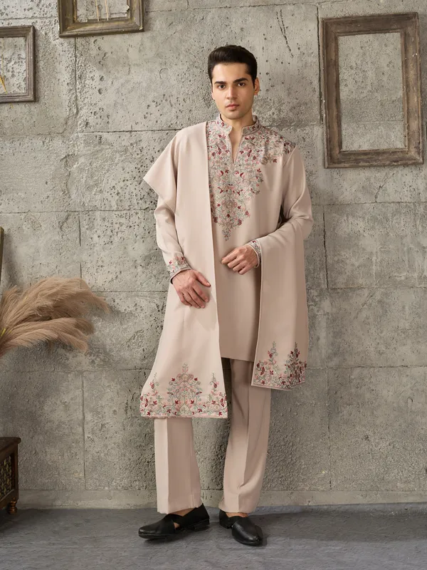 Beige_Japanese_Cotton_Straight_Embroidered_Kurta_For_Men