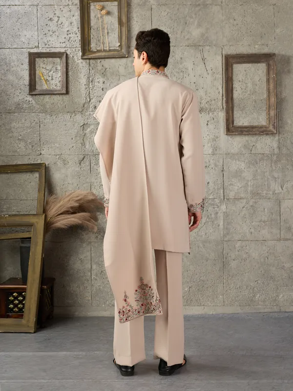 Beige_Japanese_Cotton_Straight_Embroidered_Kurta_For_Men
