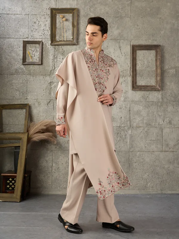Beige_Japanese_Cotton_Straight_Embroidered_Kurta_For_Men